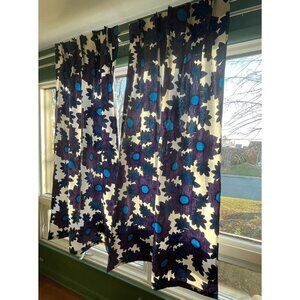Vintage 70s pleated curtains, floral purple blue flower power, pair of panels